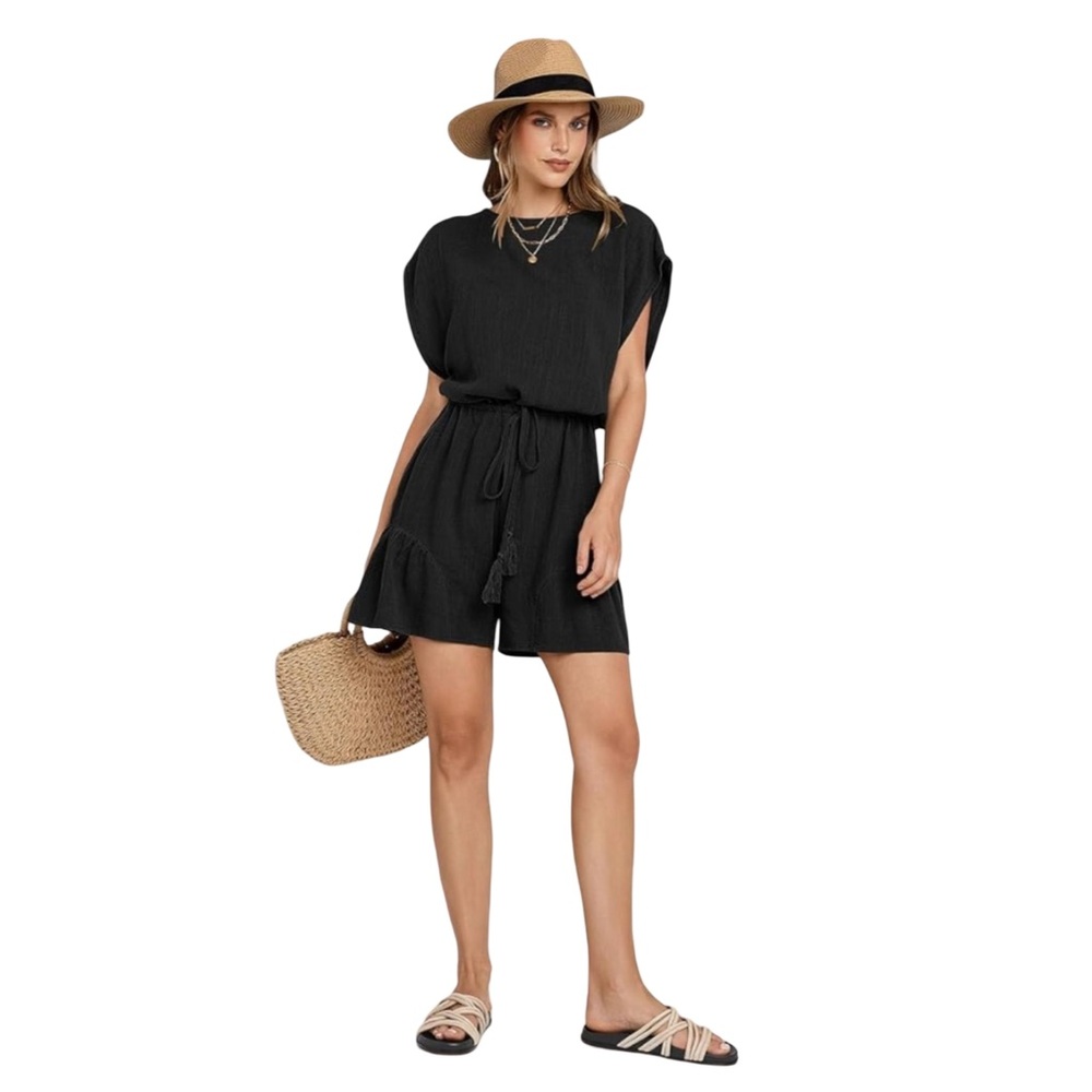 NWT Women's Black Linen Blend Romper XL Sleeveless Tie Waist Ruffle Hem